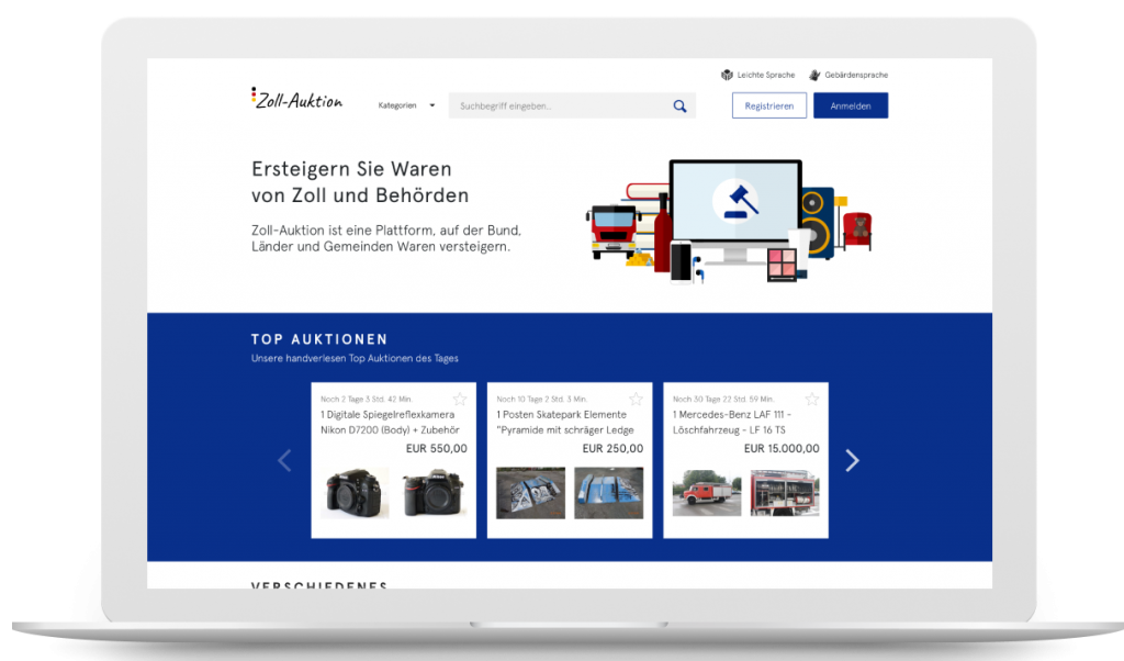 Beispielansicht von der Neugestaltung der Zoll-Auktions Plattform. (Quelle: Tech4Germany)